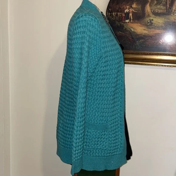 L.L. Bean Open‎ Front Teal Waterfall Sweater.  2 front pockets.  Size M. Cotton - Picture 4 of 9